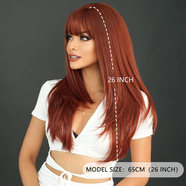 Light pink long wavy wig with bangs, 26 inches, made of synthetic heat-resistant hair. Perfect for daily use.