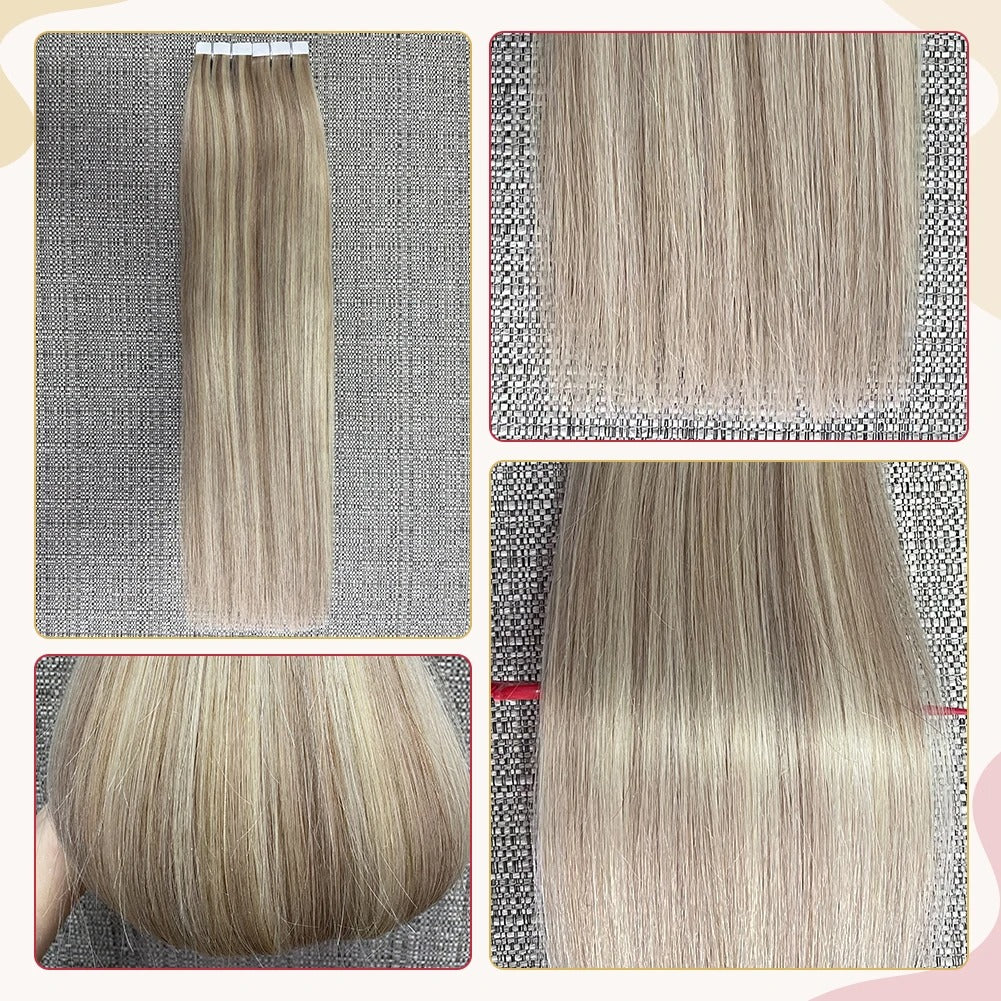Tape-In Human Hair Extensions – Remy 100% Real Human Hair, Silky Straight, Ash Blonde with Highlights – Seamless, Natural Look, 20pcs