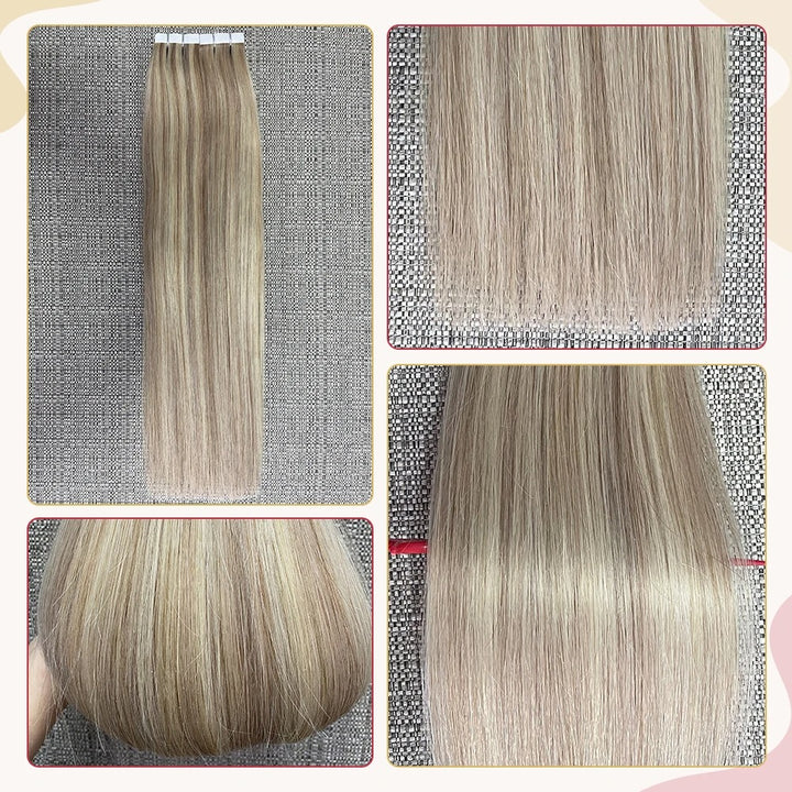 Tape-In Human Hair Extensions – Remy 100% Real Human Hair, Silky Straight, Ash Blonde with Highlights – Seamless, Natural Look, 20pcs