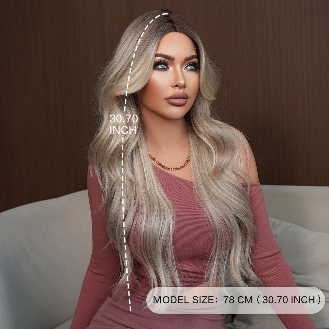 30-Inch Ombre Platinum Blonde Long Curls Synthetic Heat-Resistant Wig for Women Natural Hair Slit Matte White Hair Wigs Peluca#