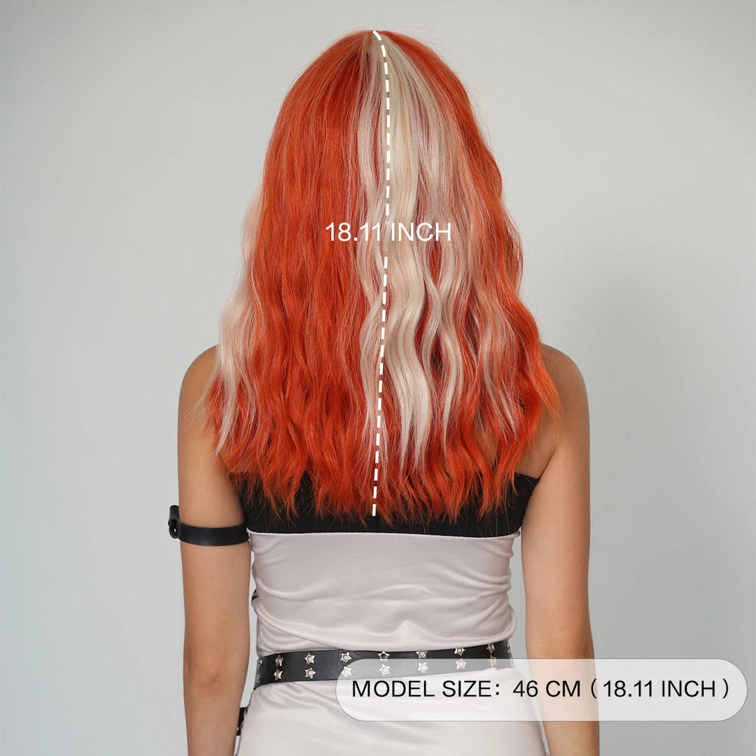 Blond orange synthetic hair shoulder-length wavy wig made from heat-resistant fiber. Perfect for cosplay.