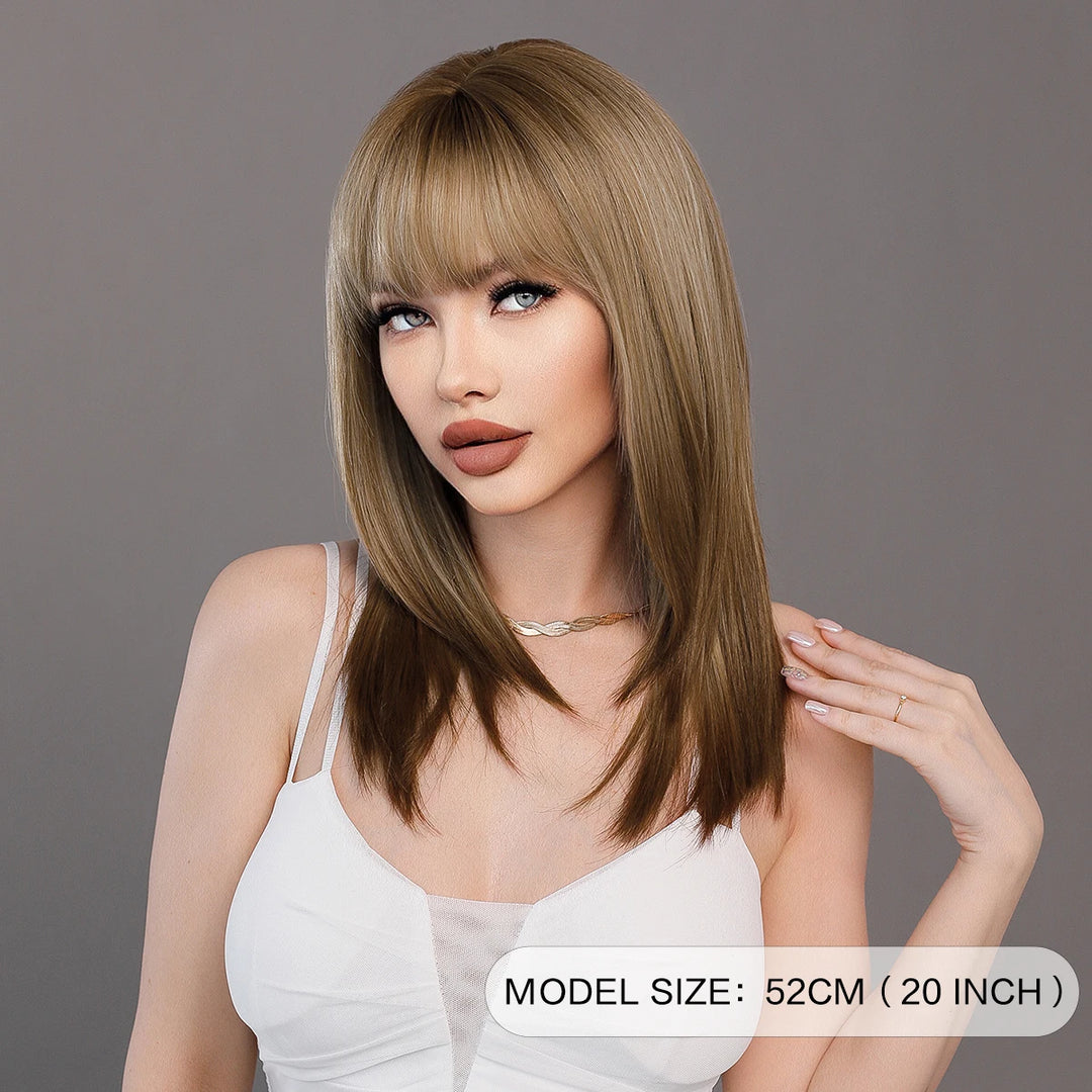 Ombre Blonde Wigs for Women Medium Length Straight Layered Synthetic Wigs With Bangs