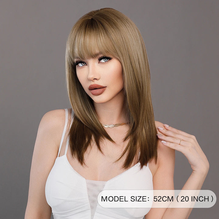 Ombre Blonde Wigs for Women Medium Length Straight Layered Synthetic Wigs With Bangs