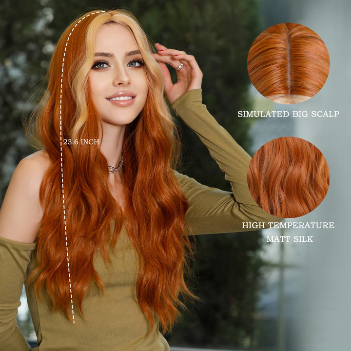 Skunk Water Wave Wig Synthetic Curly Wig for Women Long Deep Wave Wig in Light Brown With Ginger Orange Highlights.