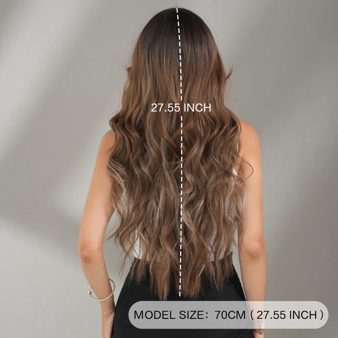 Ombre Brown Long Curly Hair Wig with Bangs for Women - 28 Inches