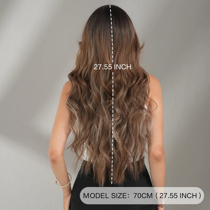 Ombre Brown Long Curly Hair Wig with Bangs for Women - 28 Inches