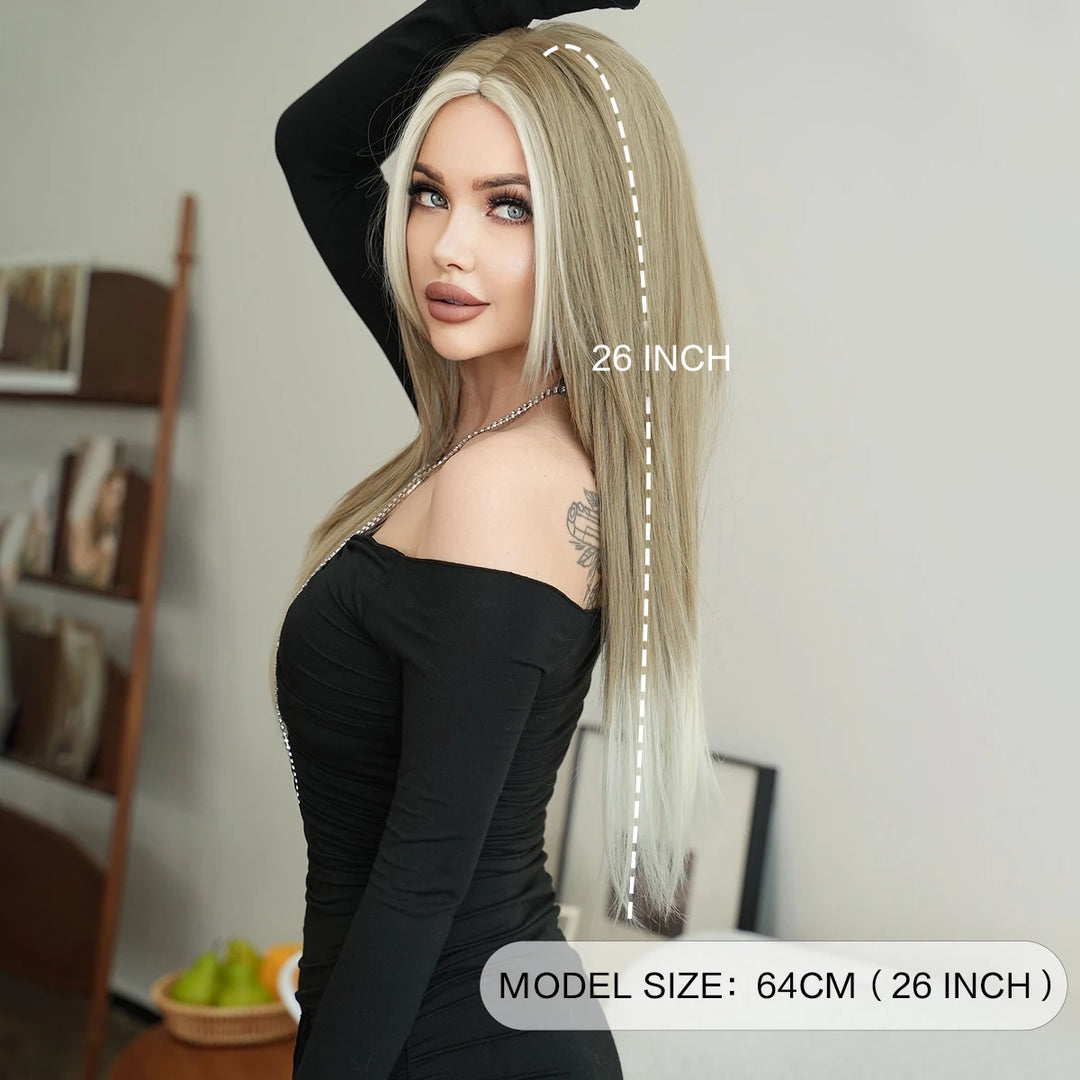 Synthetic hair wig with long straight hair, bangs, middle part, and highlight gray color. Perfect for women, cosplay, and drag queens.