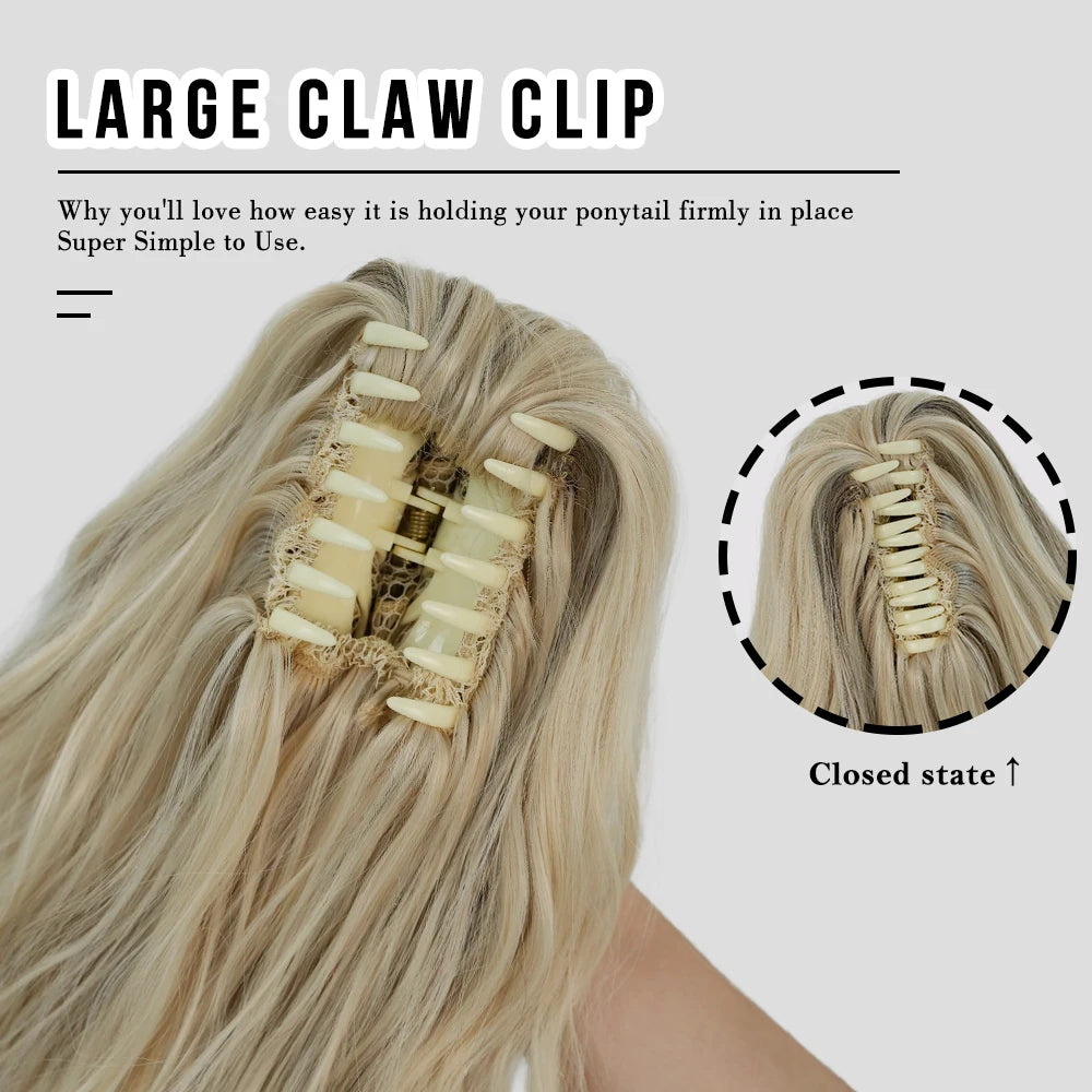 18 Inch Women's Lilac Highlight Natural Wave Drawstring Adjustable Size Black Synthetic Hair Beige Clip Portable Easy Ponytail