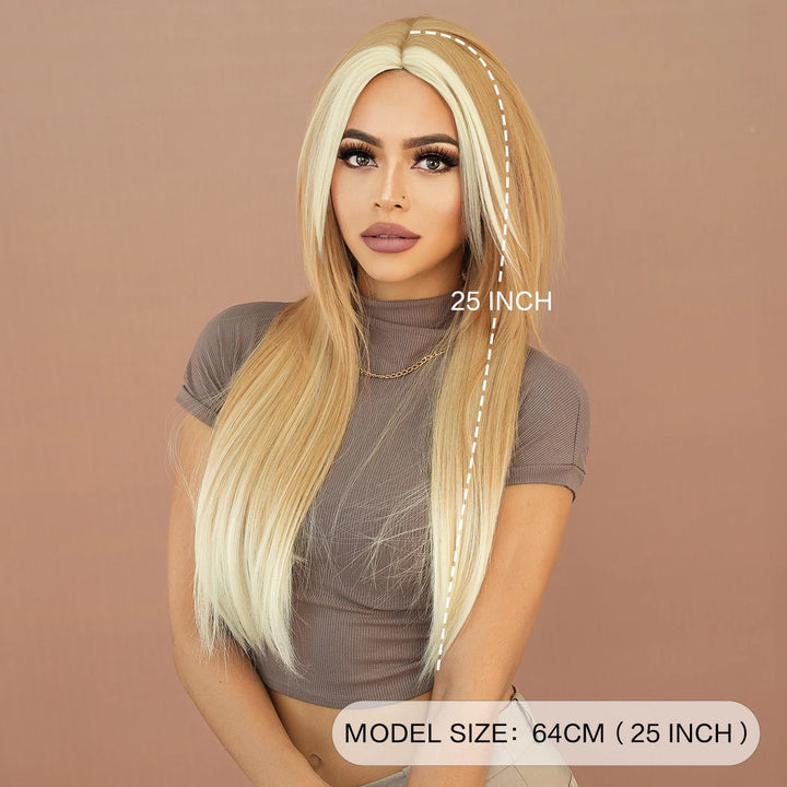 Synthetic hair wig with long straight hair, bangs, middle part, and highlight gray color. Perfect for women, cosplay, and drag queens.