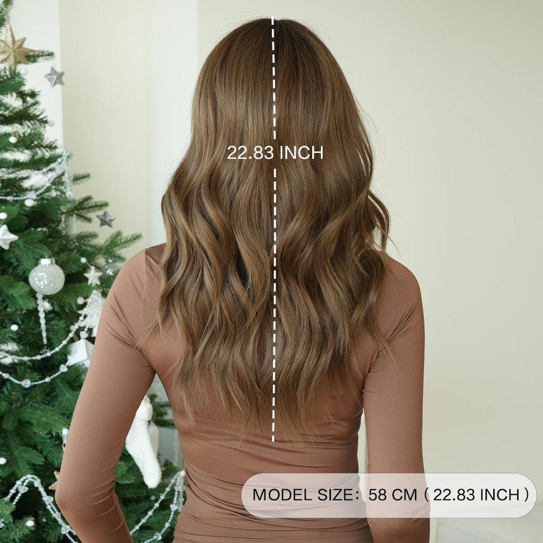 22" Curly Brown Synthetic Hair Wig, Shoulder Length, Water Wavy, Heat Resistant Fiber, Natural Look, Matt Finish.