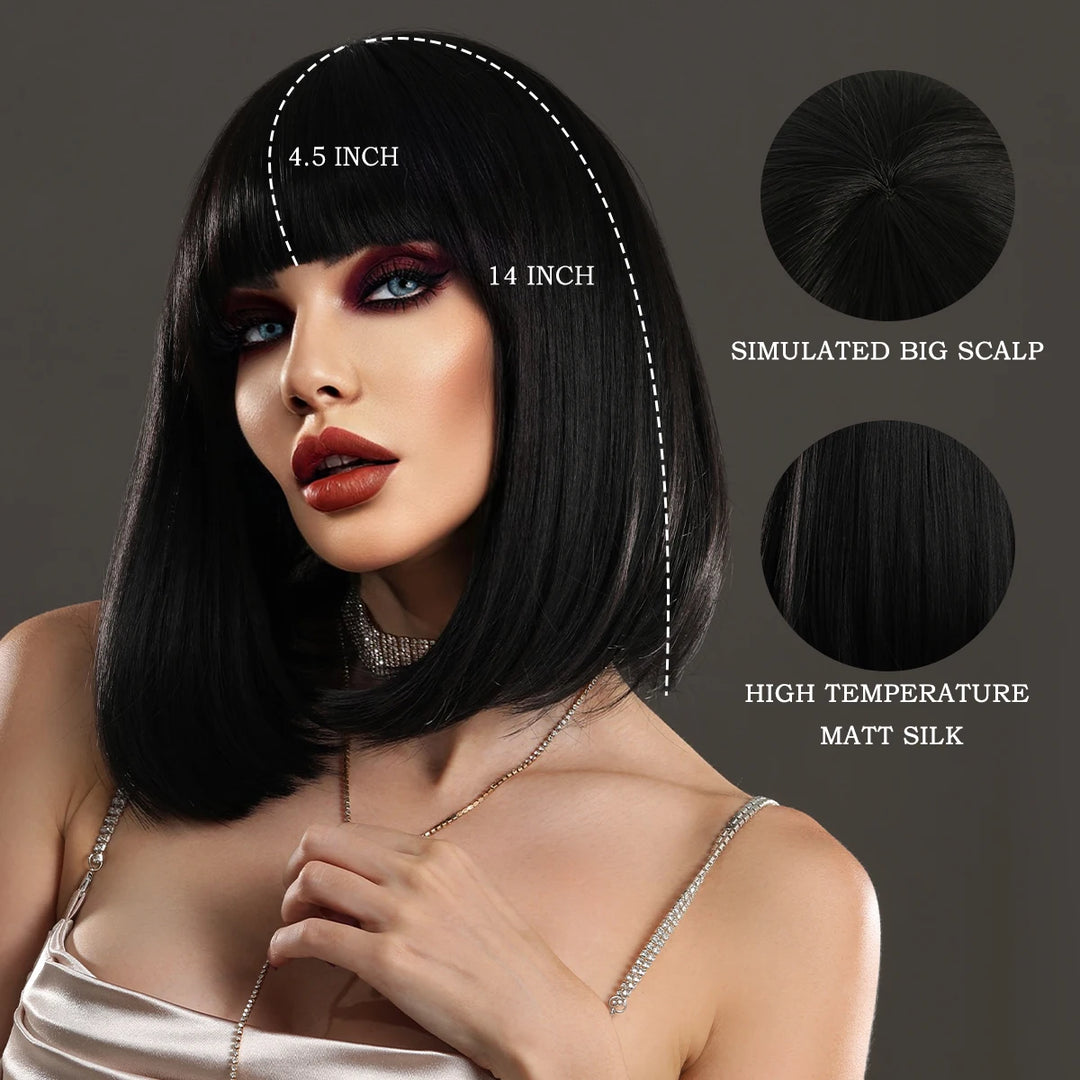 Short Black Bob Wig with Bangs for Women - Shoulder Length Synthetic Wig for Cosplay Party or Cleopatra Costume
