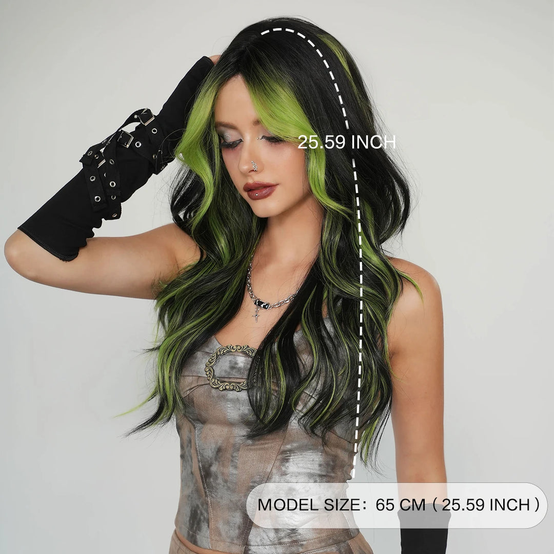 Black Green Synthetic Hair Skunk Stripe Long Wavy Wig, 26 Inch, Heat Resistant Fiber, Wholesale, Natural Matt.