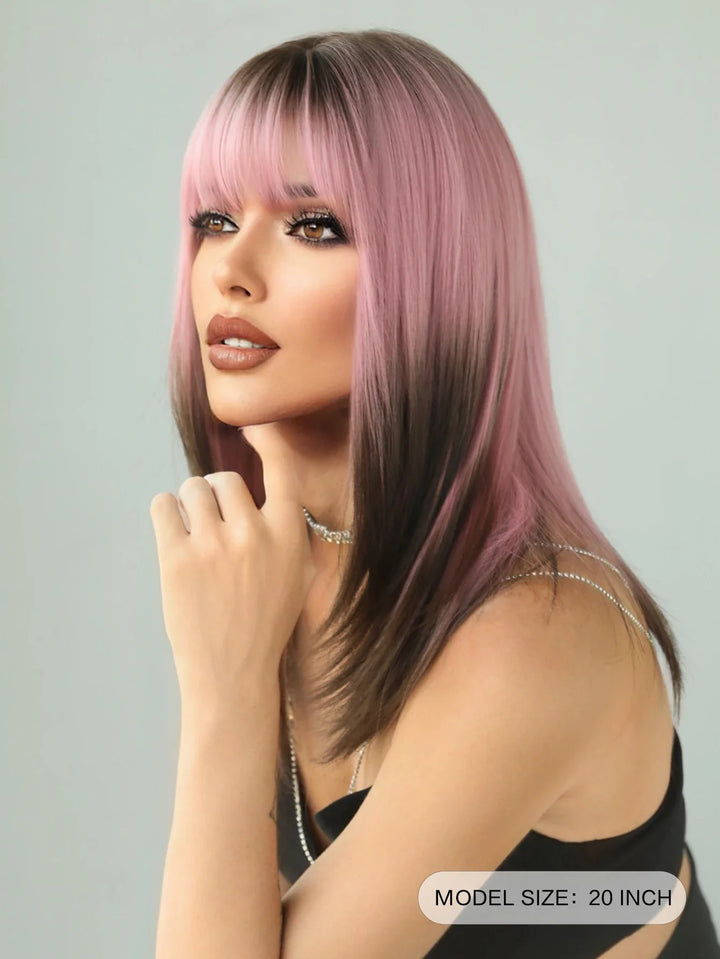 Ombre Blonde Wigs for Women Medium Length Straight Layered Synthetic Wigs With Bangs