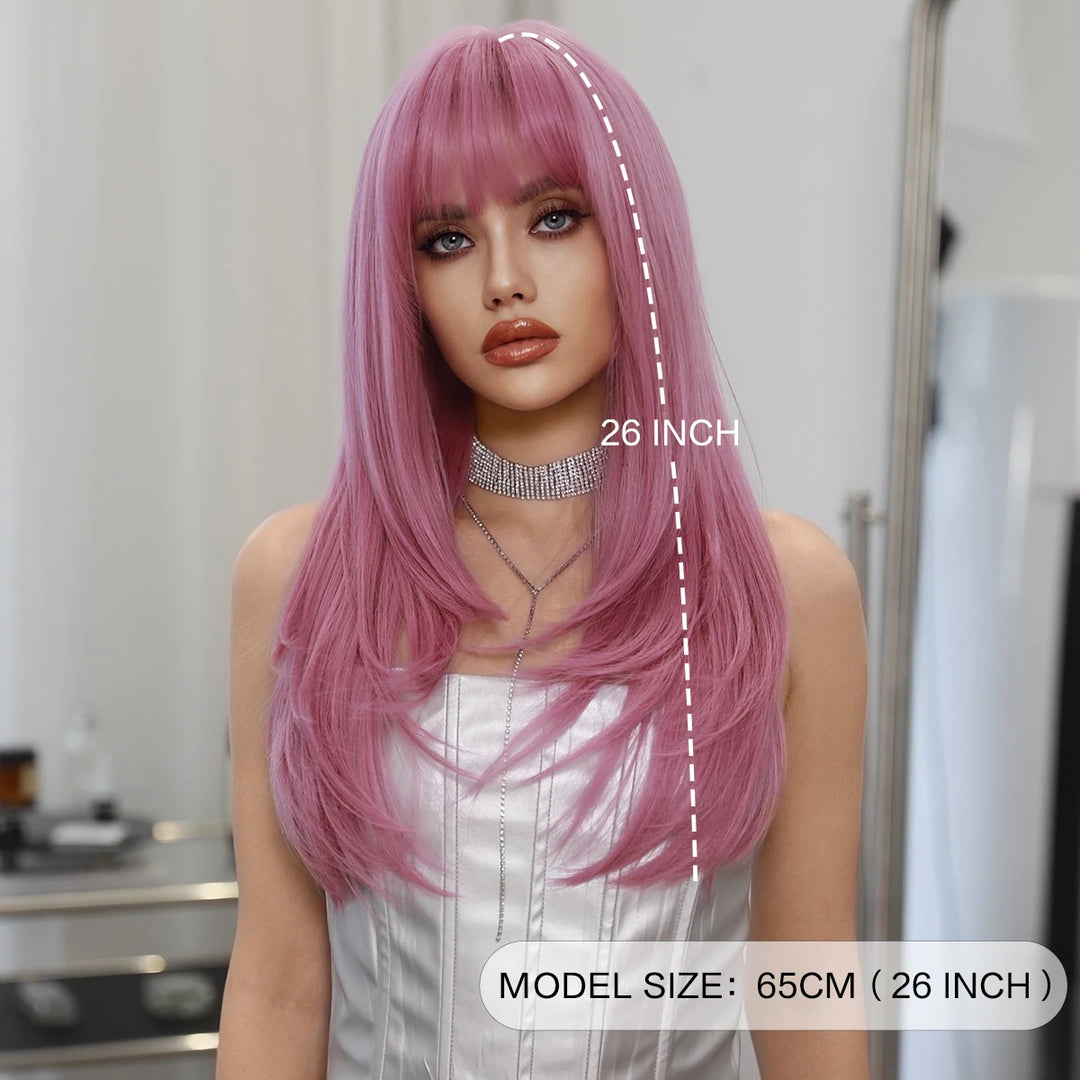 Light pink long wavy wig with bangs, 26 inches, made of synthetic heat-resistant hair. Perfect for daily use.