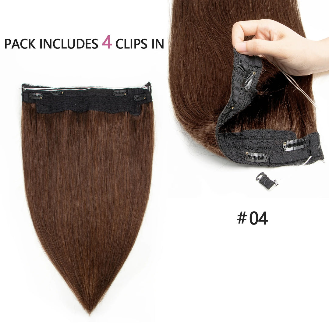Fish Line Wire Hair Extensions - Invisible Clip-in Human Hair Extensions with 4 Clips. Made from real natural hair, available in lengths of 12-24 inches.