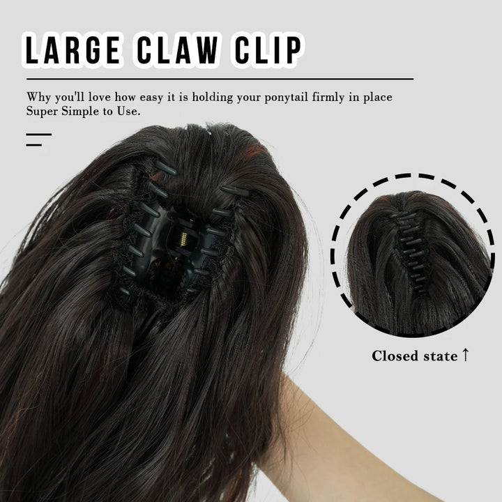 20 Inch Women's Wig with Cinnamon Gold Highlights Adjustable Size Black Curly Ponytail Synthetic Hair and Black Wig Clips