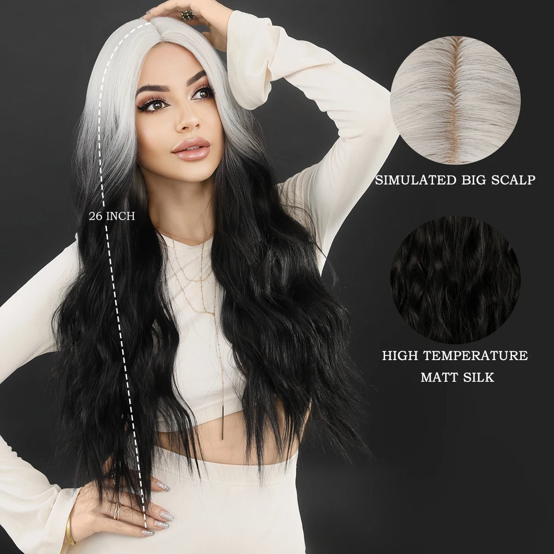 Skunk Water Wave Wig Synthetic Curly Wig for Women Long Deep Wave Wig in Light Brown With Ginger Orange Highlights.