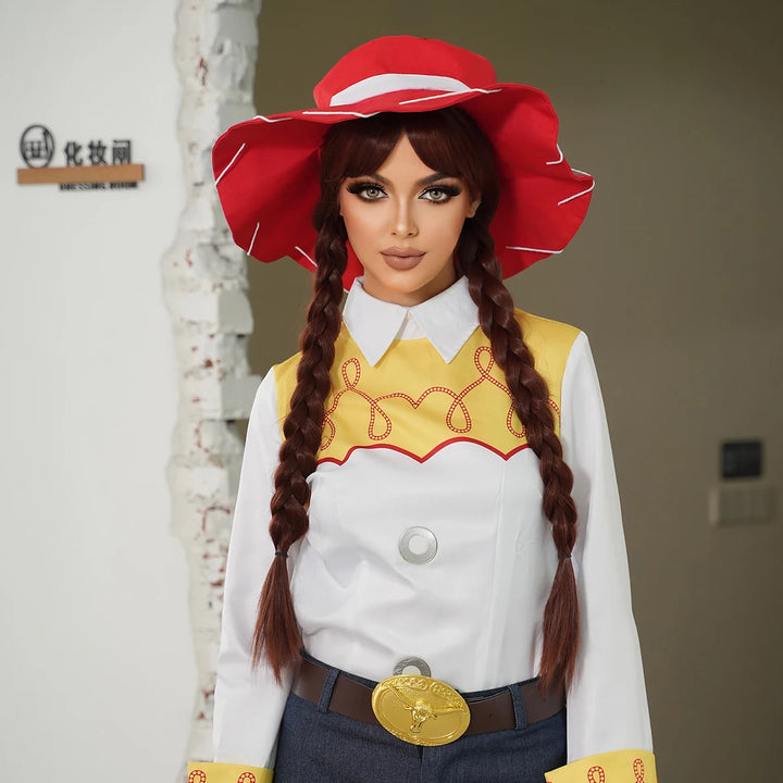 Red and black costume wig with pigtail braids, perfect for cosplay, Halloween, or drag queen looks inspired by the Crazy Bride character from Suicide Squad. Made with synthetic hair.