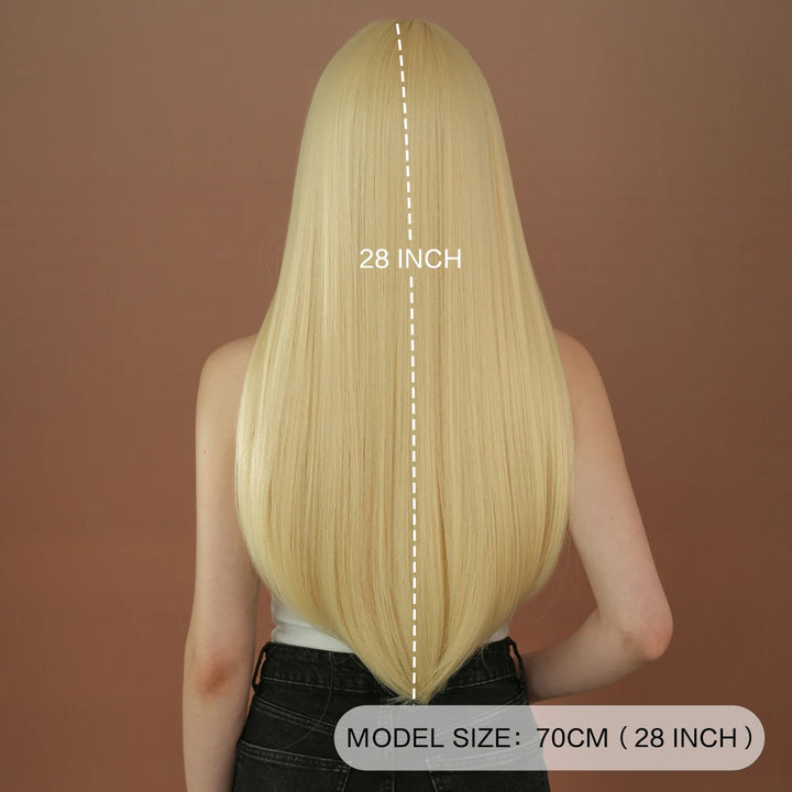 High-quality long straight blonde synthetic hair with bangs for women. Heat-resistant fiber wig, hot selling 28 inches.
