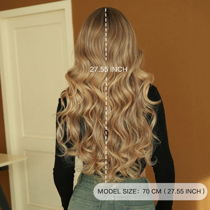 28" Blonde Curly Lace Front Wig with Bangs - Heat Resistant Synthetic Hair for Women
