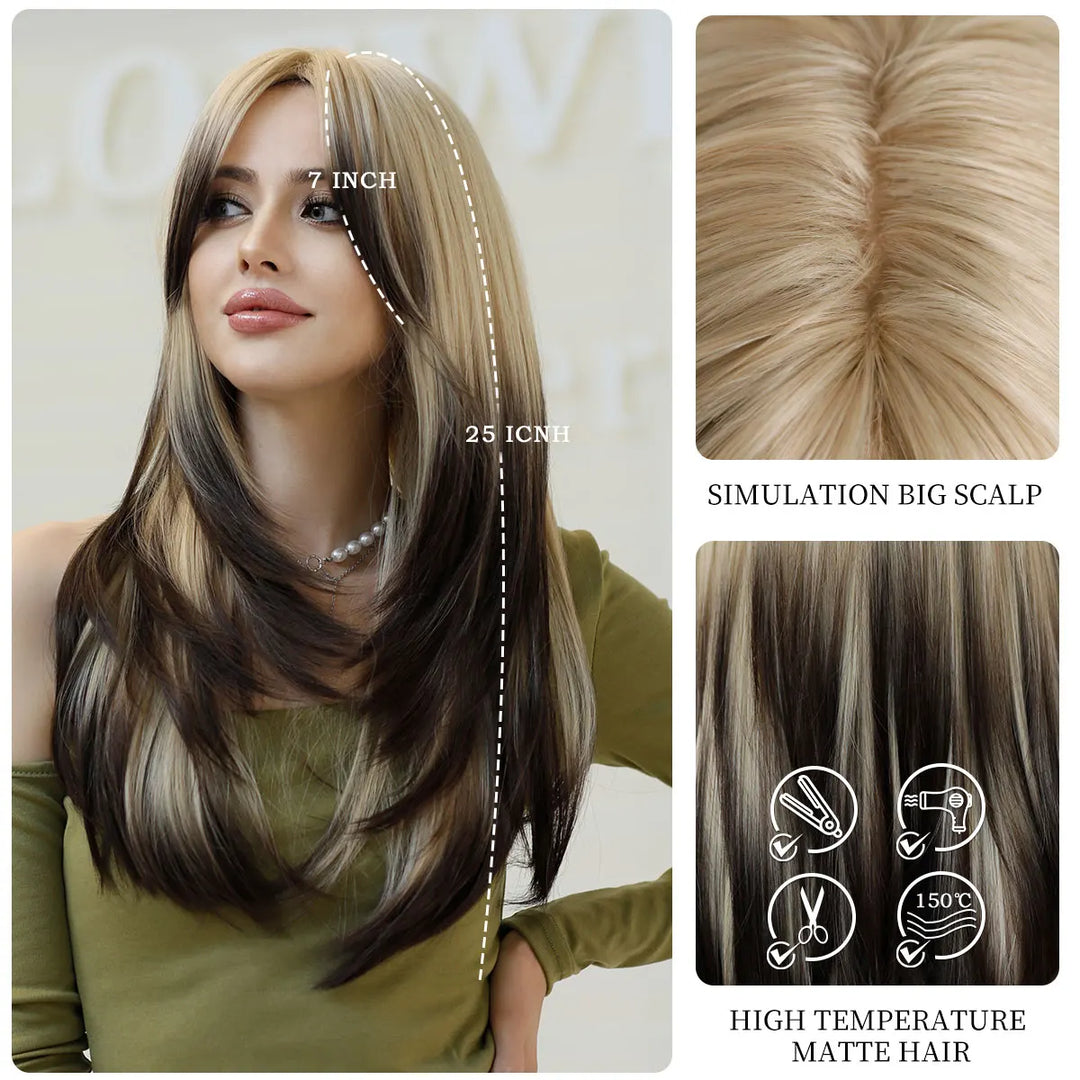 Blonde ombre layered wig with curtain bangs for women. High density heat resistant synthetic hair in dark brown.