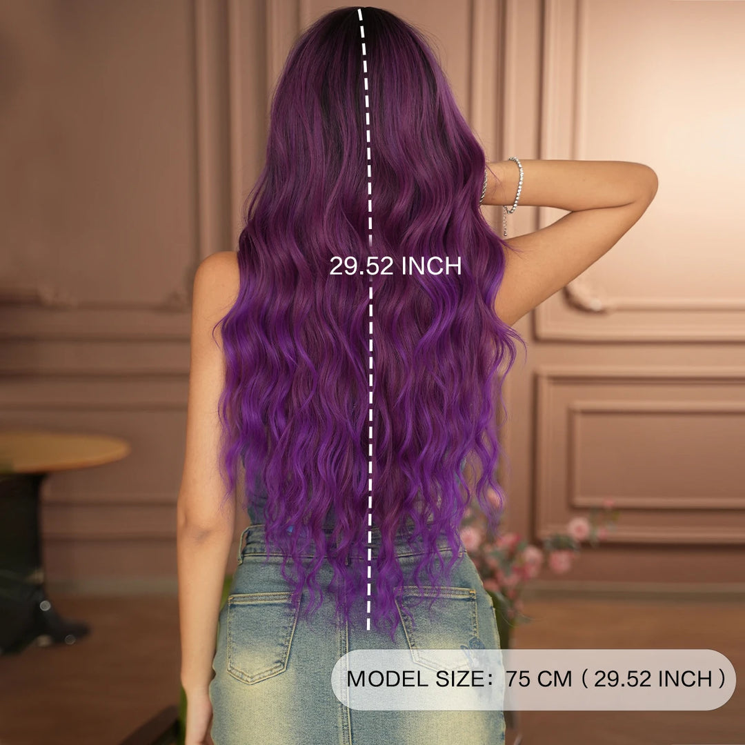 Ombre Purple Synthetic Hair Skunk Stripe Long Wavy Wigs, Heat Resistant Fiber, Wholesale, Natural Matt Wigs, 30 Inch