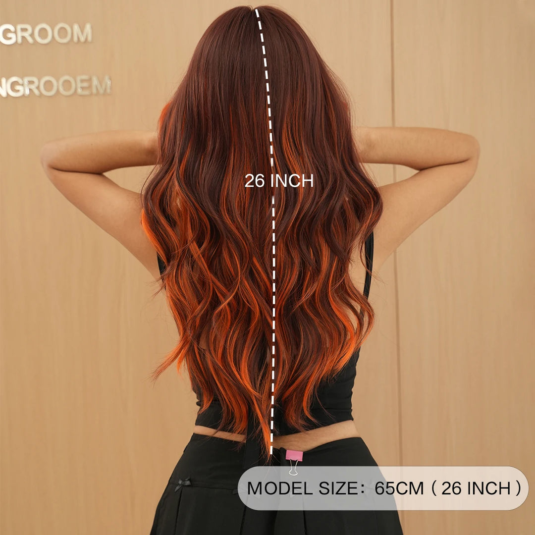 Ginger Orange Wig with Highlights - Synthetic Hair Wig with Brown Skunk Stripe, Long Wavy Style, Heat Resistant Fiber.