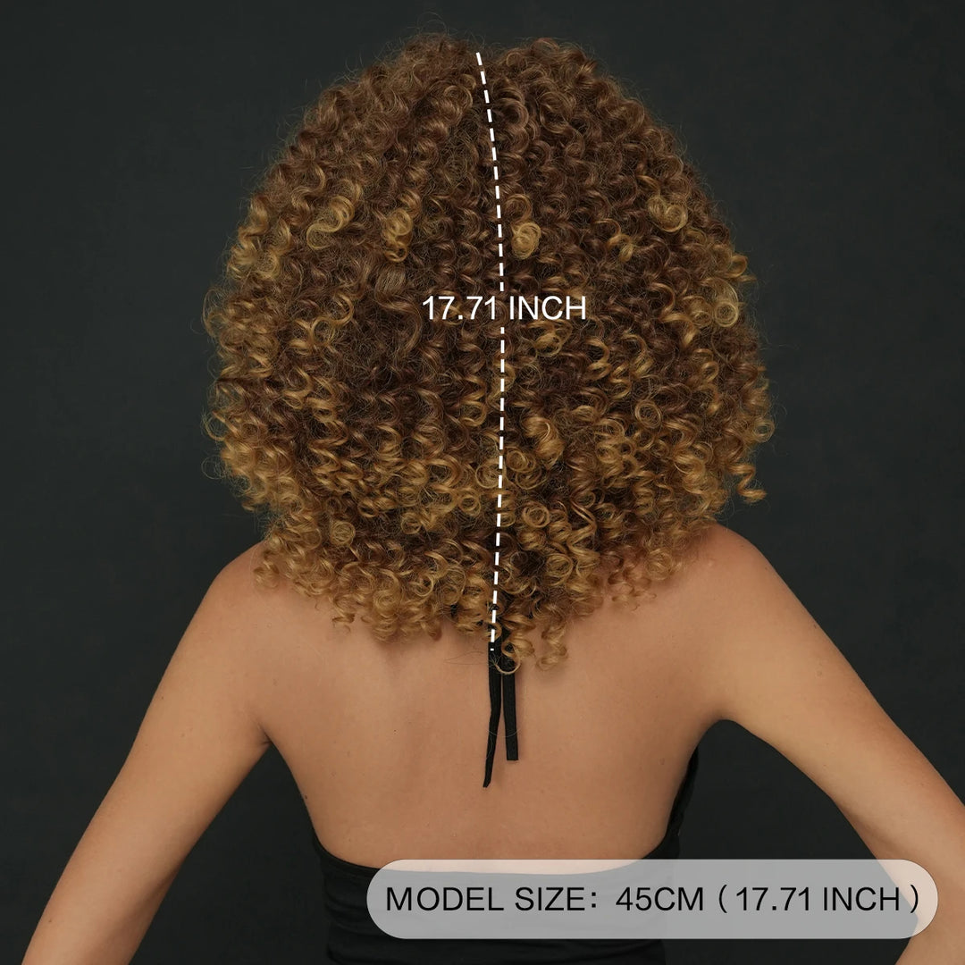 18" Curly Afro Wig with Bangs for Black Women. Kinky curly synthetic wig in ombre brown blonde.