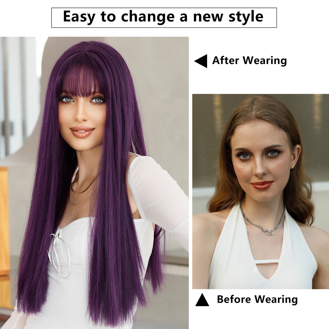 28 Inch Honey Blond Wig with Bangs, Long Straight Synthetic Wig for Women. Natural looking and suitable for daily use.