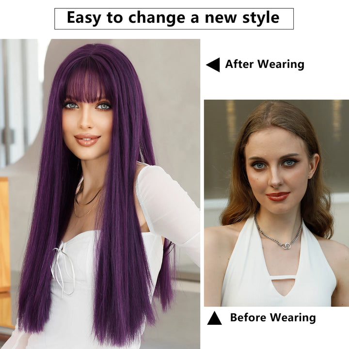 28 Inch Honey Blond Wig with Bangs, Long Straight Synthetic Wig for Women. Natural looking and suitable for daily use.