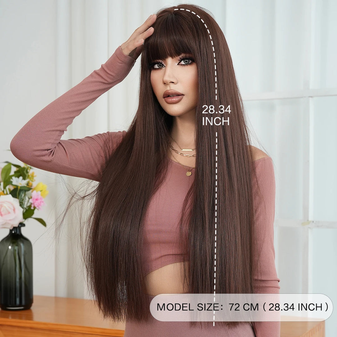 28 Inch Natural Black Wig with Bangs Extra Long Straight Wig for Women. This wig is natural-looking and comes in black-brown synthetic material.