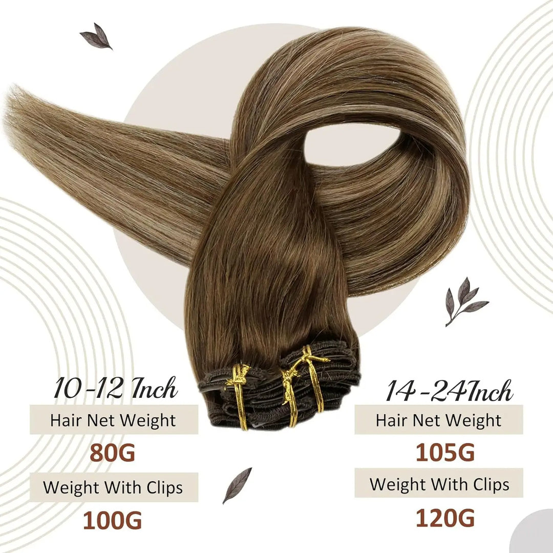 100% Human Hair Clip-In Extensions – Double Weft, 7PCS Set, 105g, for Women