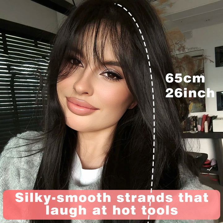 Monotop U Lace Long Straight Layered Wig for Women 26 Inches Heat Resistant Synthetic Black Wig with Natural Hairline.