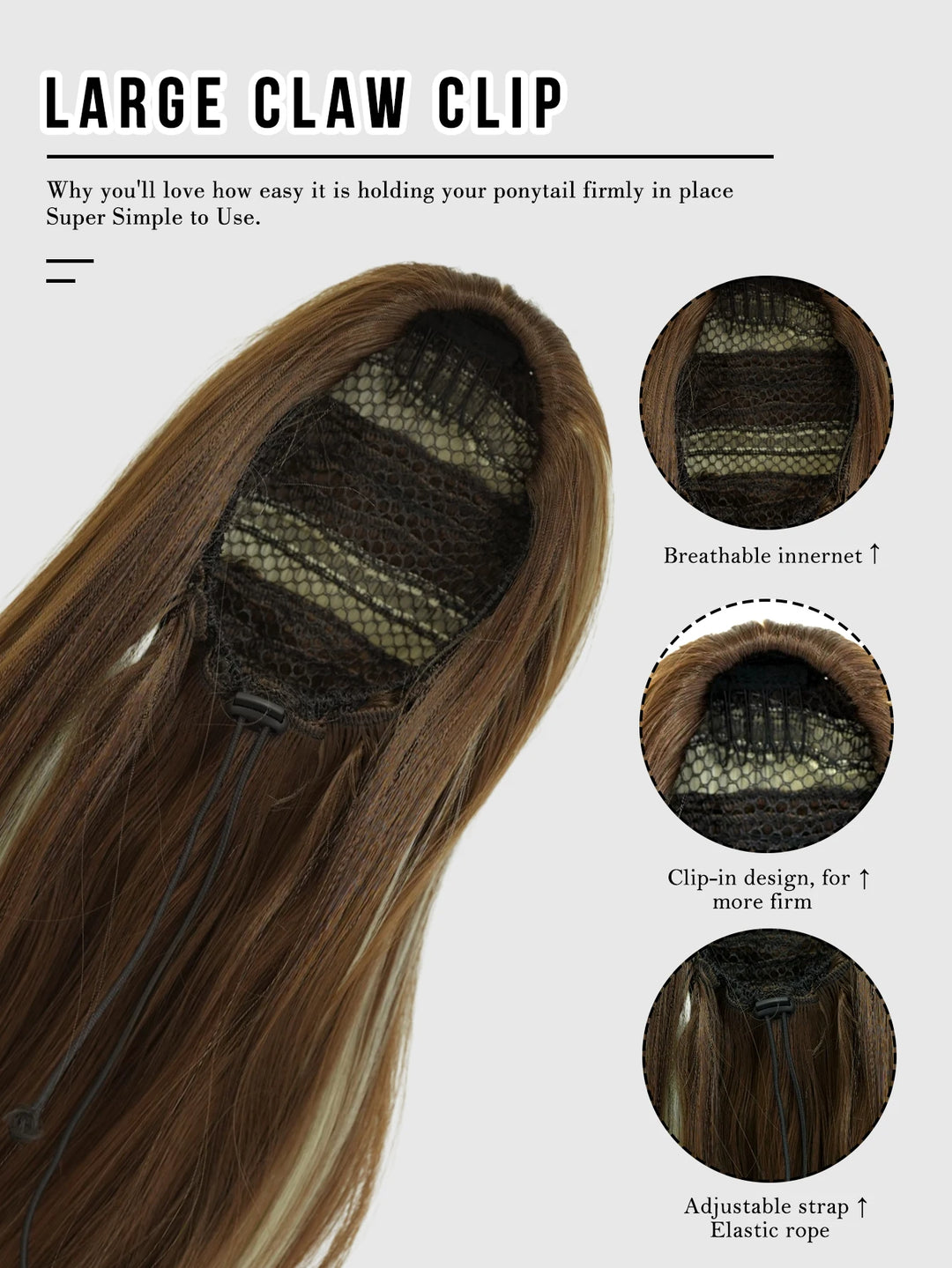 Van Dyke Brown Hair Extensions 28 Inch Clip-In Wig Adjustable Size Curly Ponytail Synthetic Hair Pack Black with Steel Prongs