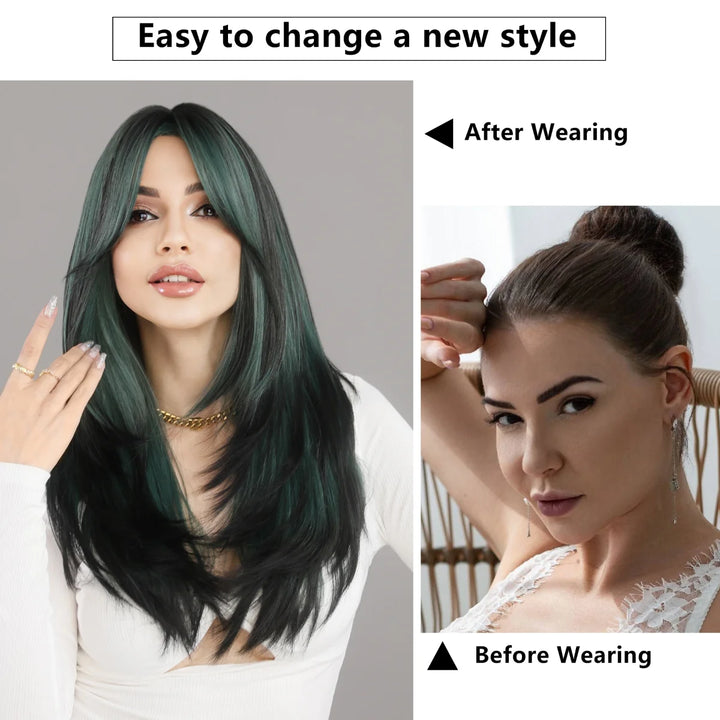 Green Highlight Layered Wig with Curtain Bangs, Synthetic Heat Resistant Hair Wig for Women.
