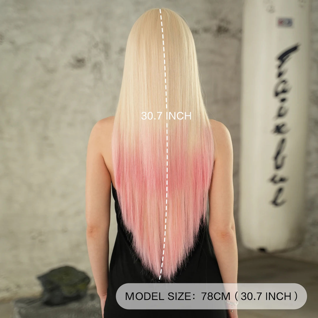 Blonde Pink Long Straight Synthetic Wig with Bangs for Women. Perfect for Cosplay, Halloween, and Parties. Ombre Hair Wig.