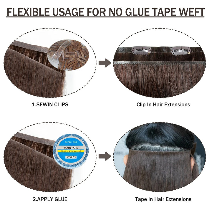 Diagram showing different methods of using no glue tape weft hair extensions.