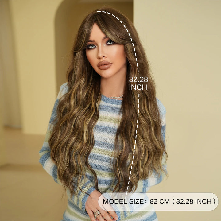 32 Inches Extra Long Honey Blond Middle Parting Wig with Bangs. This synthetic water wave wig is glueless with a natural hairline and matte hair finish.