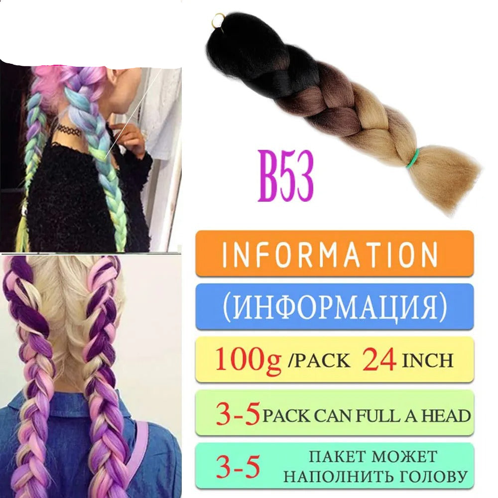 Hair extension product with braided styles and information text on a white background
