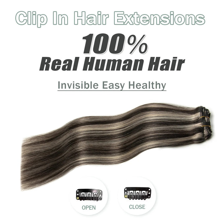 "100% Real Remy Human Hair Clip-In Extensions – Double Weft, Seamless Clip-On, 7PCS, 12-24 Inches"