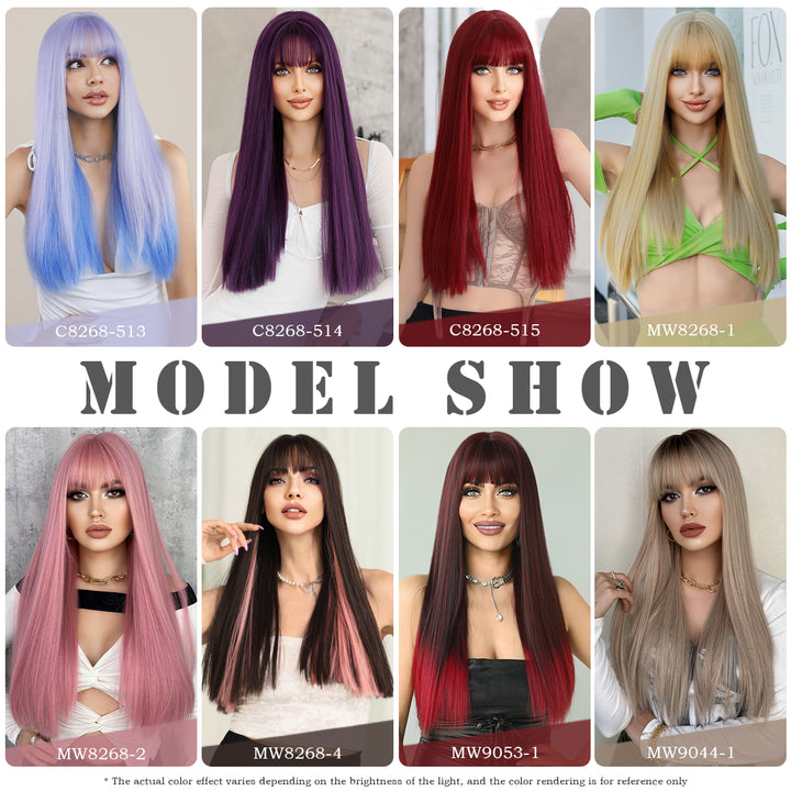 Ombre Gray Wigs Long Straight Perruques with Bangs Platinum Blonde Synthetic Wig for Women. Perfect for Anime Cosplay and Lolita style.