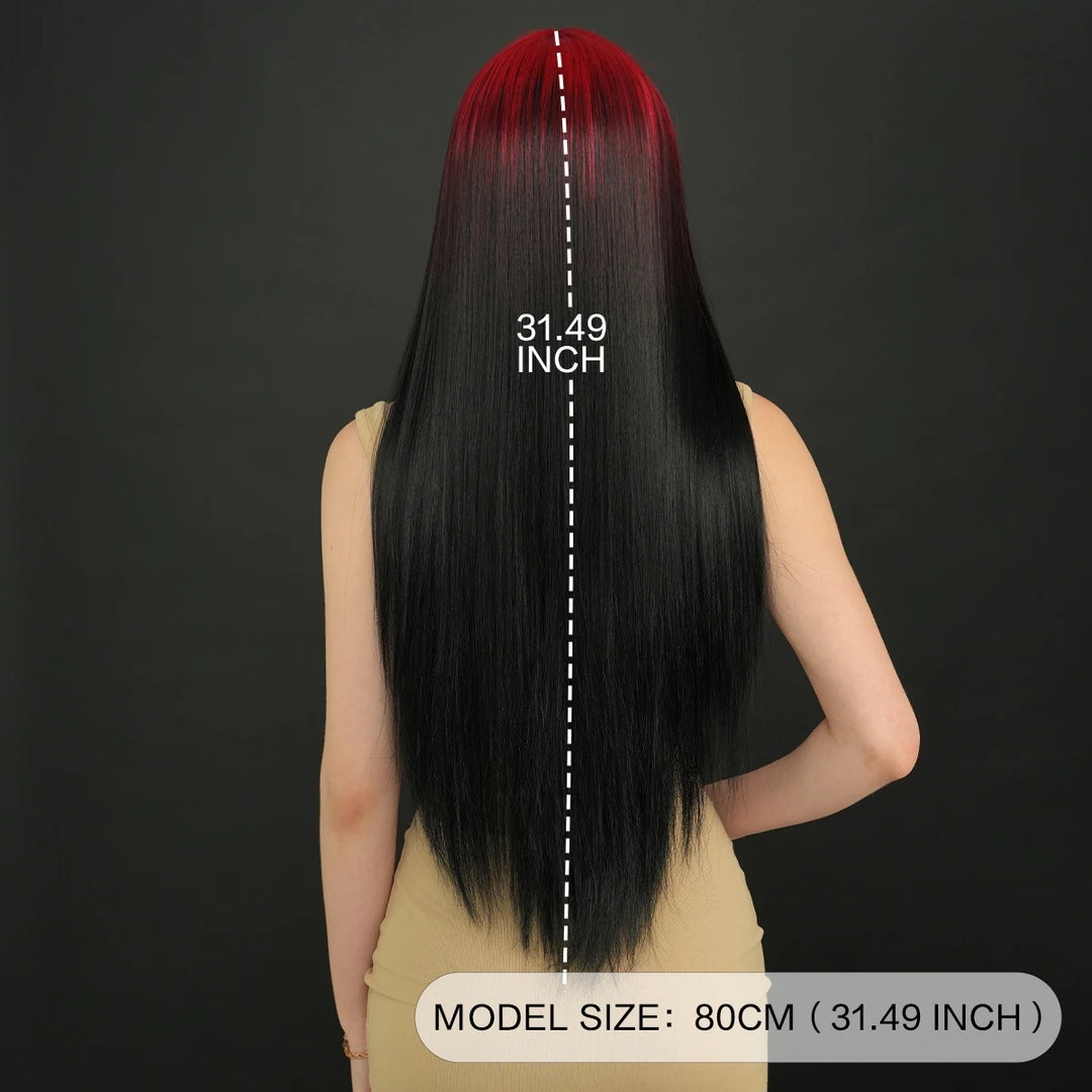 32" Ombre Red Synthetic Hair Wig with Bangs and Middle Part, Billie Eilish Style