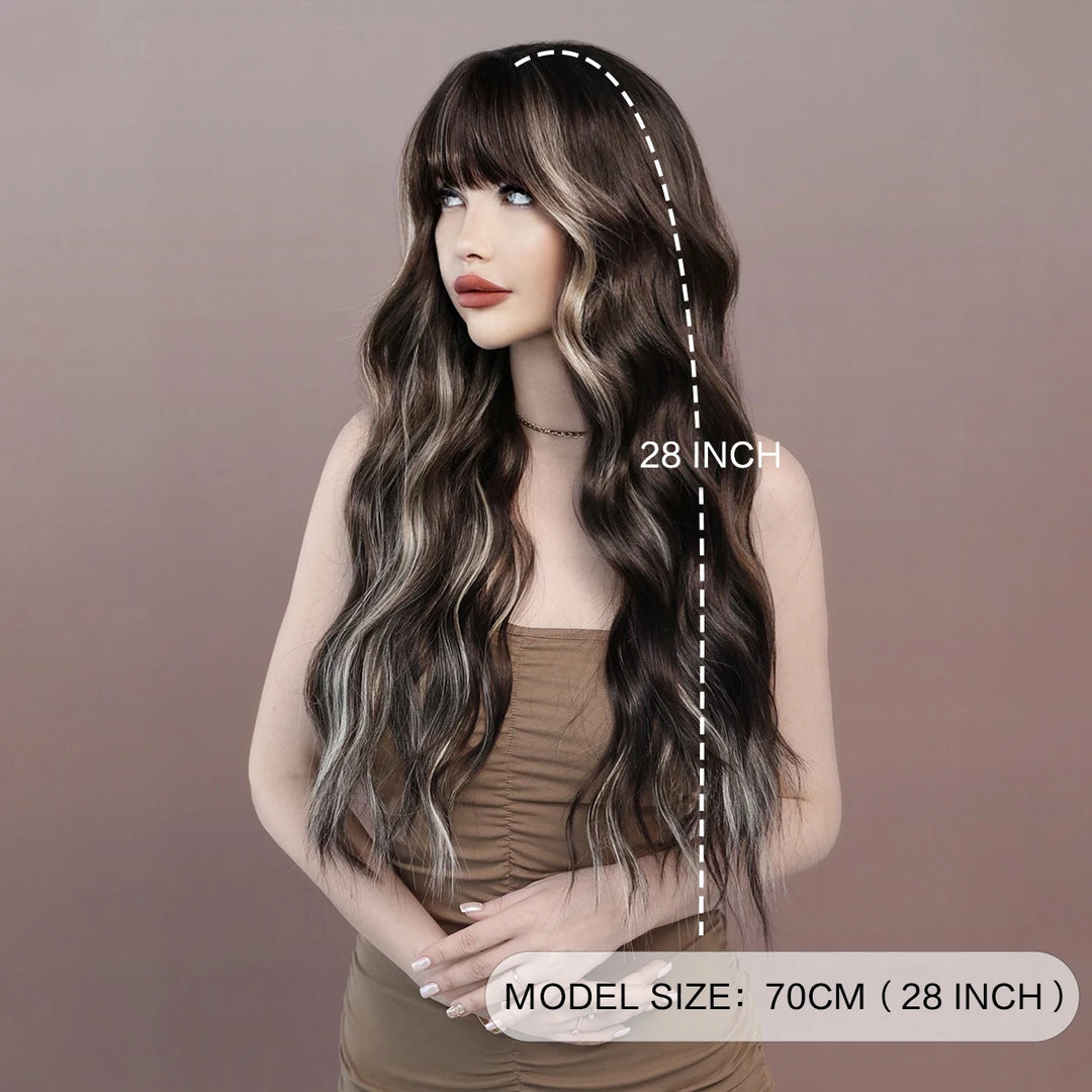 Brown wig with bangs, long wavy style with mixed blonde highlights. Made from natural curly synthetic fiber, resistant to heat. Perfect for daily use by women.