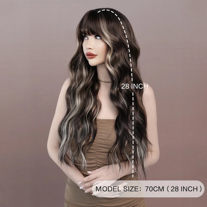 Brown wig with bangs, long wavy style with mixed blonde highlights. Made from natural curly synthetic fiber, resistant to heat. Perfect for daily use by women.