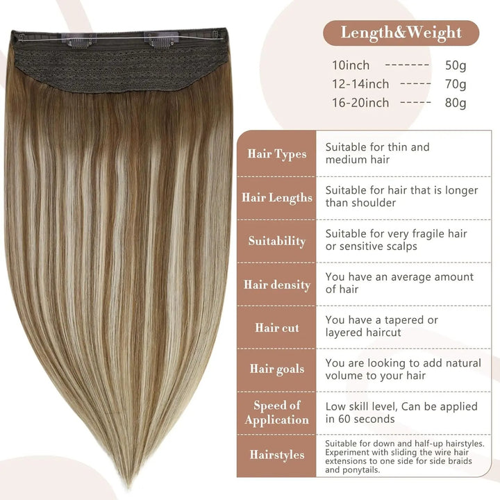 Invisible Fish Line Hair Extensions – One Piece Remy Human Hair with Clips | Blonde, Black, Gray