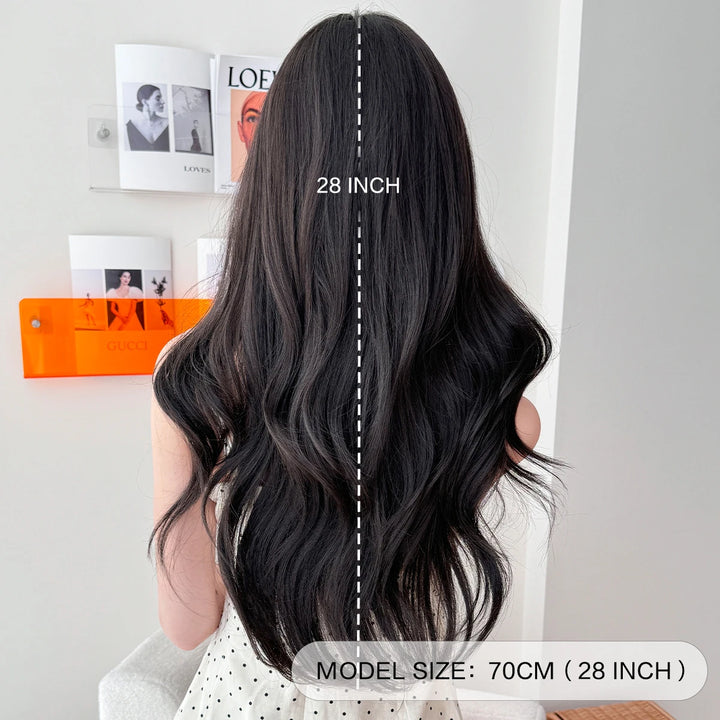 28-inch long highlighted black curly hair with bangs synthetic matte hair wig for women. Heat resistant.