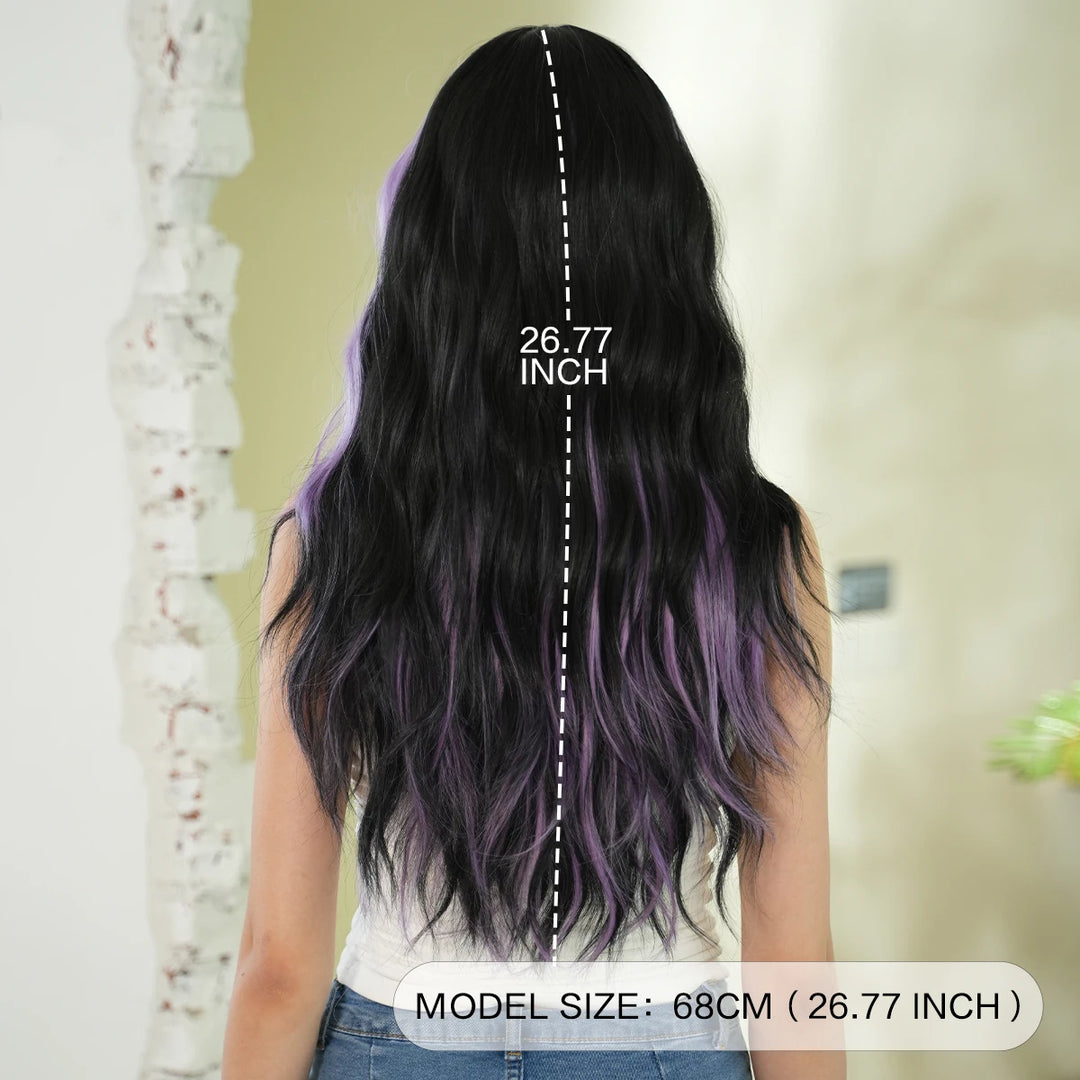 28in Long Wavy Black Purple Highlight Wig, Natural Heat Resistant Synthetic Curly Style with Bangs for Women.