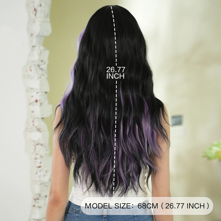 28in Long Wavy Black Purple Highlight Wig, Natural Heat Resistant Synthetic Curly Style with Bangs for Women.
