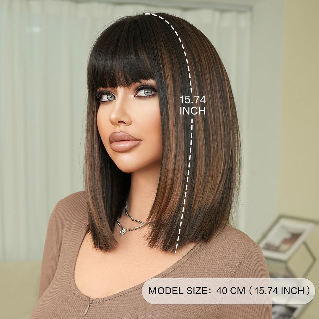 16-inch Black Brown Shoulder-Length Straight Synthetic Heat-Resistant Wig for Women with Natural Hairline Matte Hair Wig