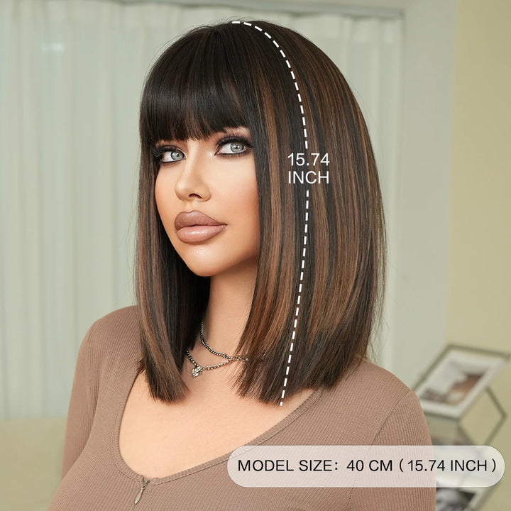 16-inch Black Brown Shoulder-Length Straight Synthetic Heat-Resistant Wig for Women with Natural Hairline Matte Hair Wig